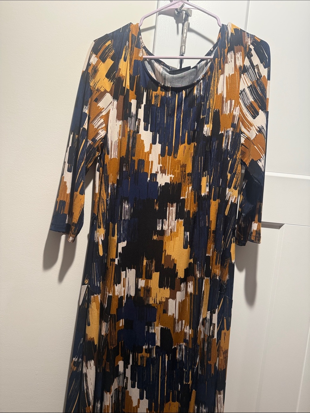 Abstract Brushstroke Midi Dress - Navy, Mustard & White